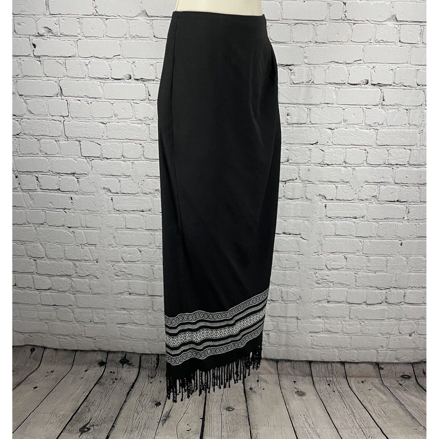 VTG Coldwater Creek Black Wrap Button Maxi Pencil Fringe Skirt USA Made Size 10