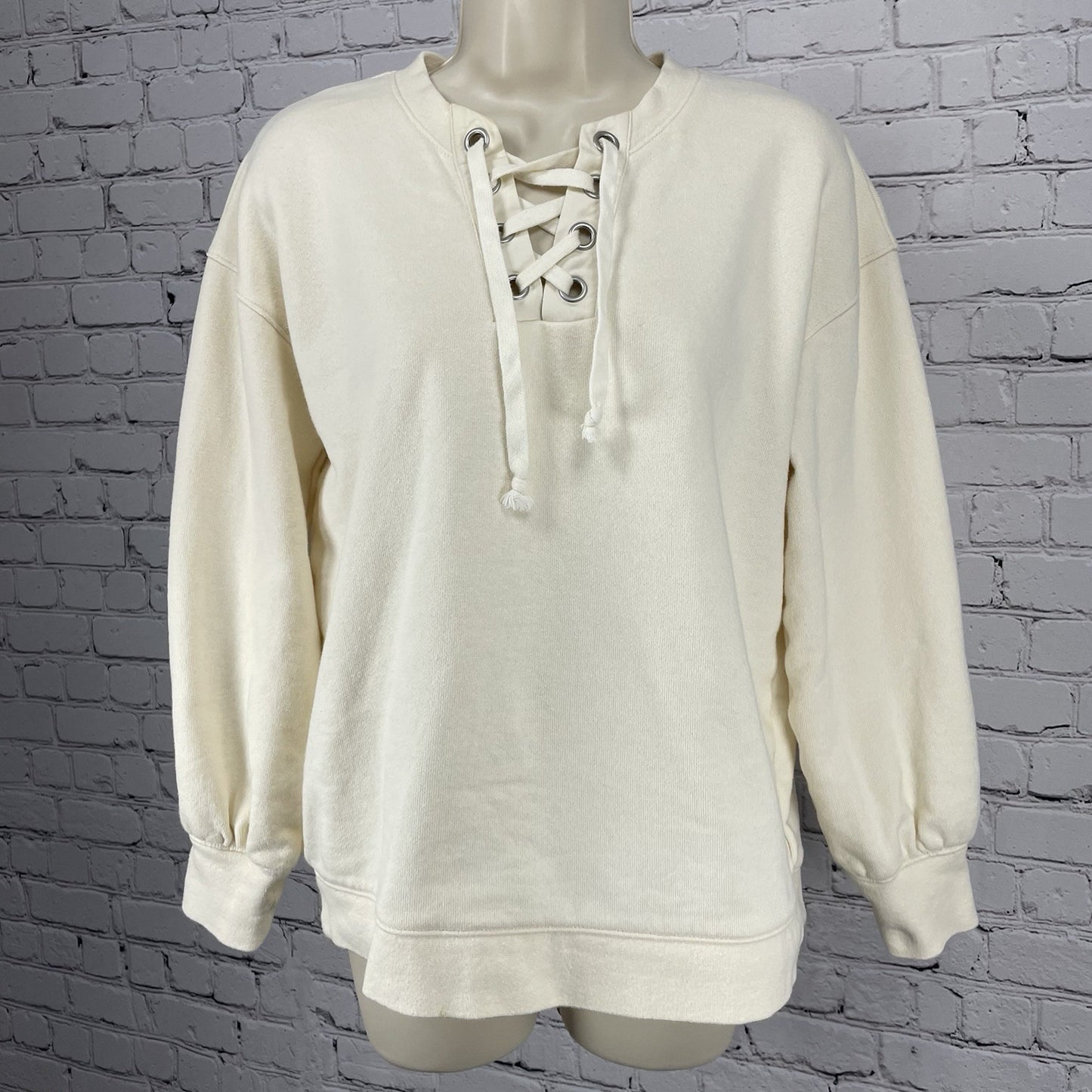 Madewell Cream Hemp Cotton Pullover Tie Relaxed Oversized Sweatshirt Size XS