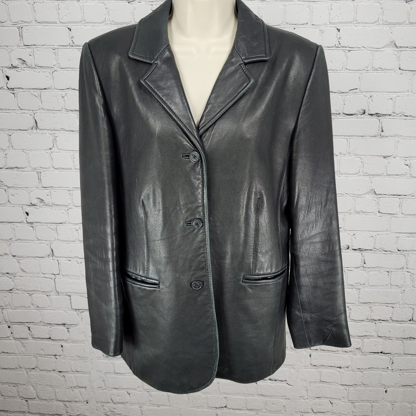 Harold's Black Soft Genuine Leather Buttoned Lined Blazer Jacket Size 10