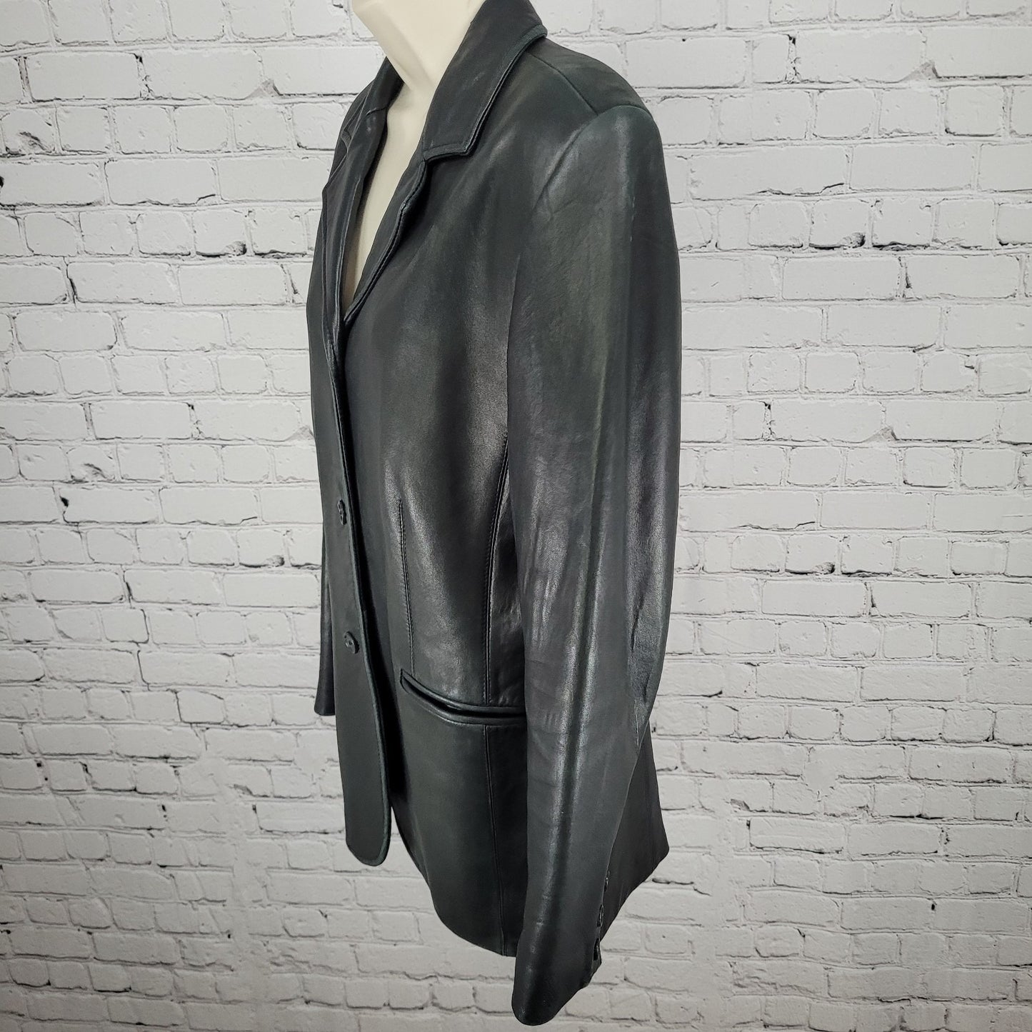 Harold's Black Soft Genuine Leather Buttoned Lined Blazer Jacket Size 10