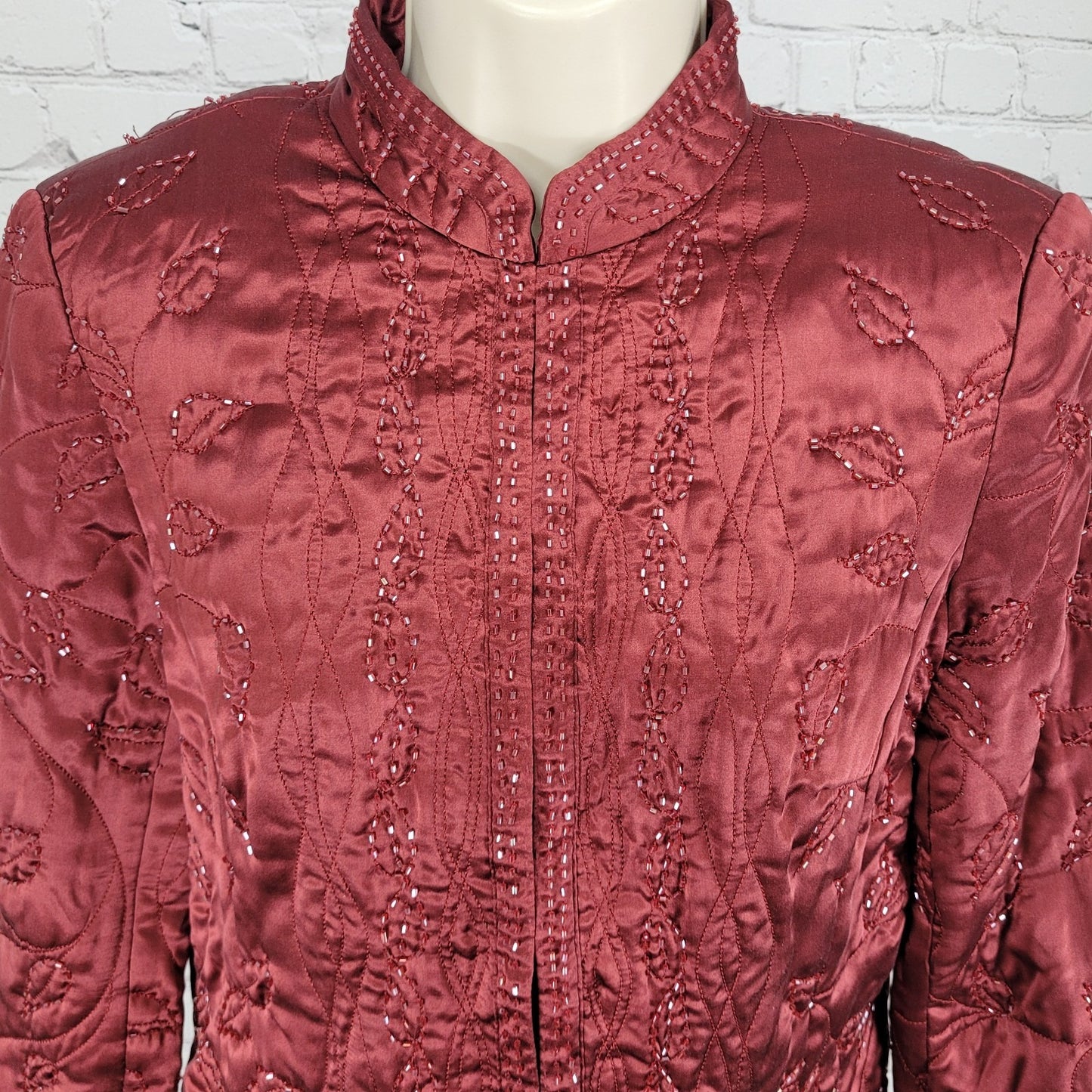 Spenser Evening Red 100% Silk Beaded Embroidered Leaves Lined Jacket Size 8