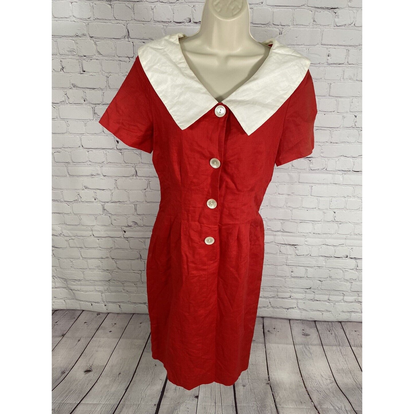 VTG Nicole Summers Linen/ Cotton Red Button Front Cottage Core Shirt Dress 6