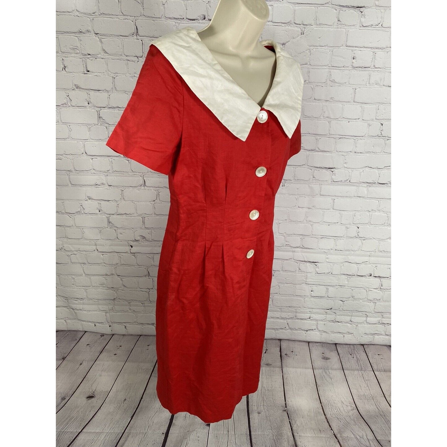VTG Nicole Summers Linen/ Cotton Red Button Front Cottage Core Shirt Dress 6