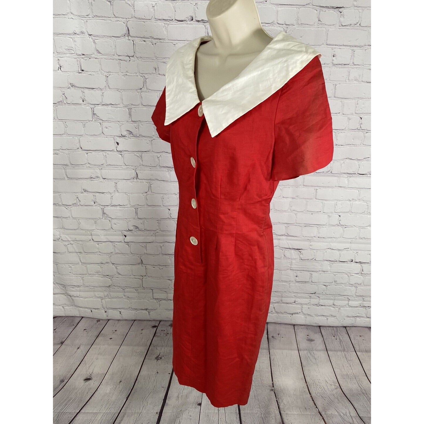 VTG Nicole Summers Linen/ Cotton Red Button Front Cottage Core Shirt Dress 6