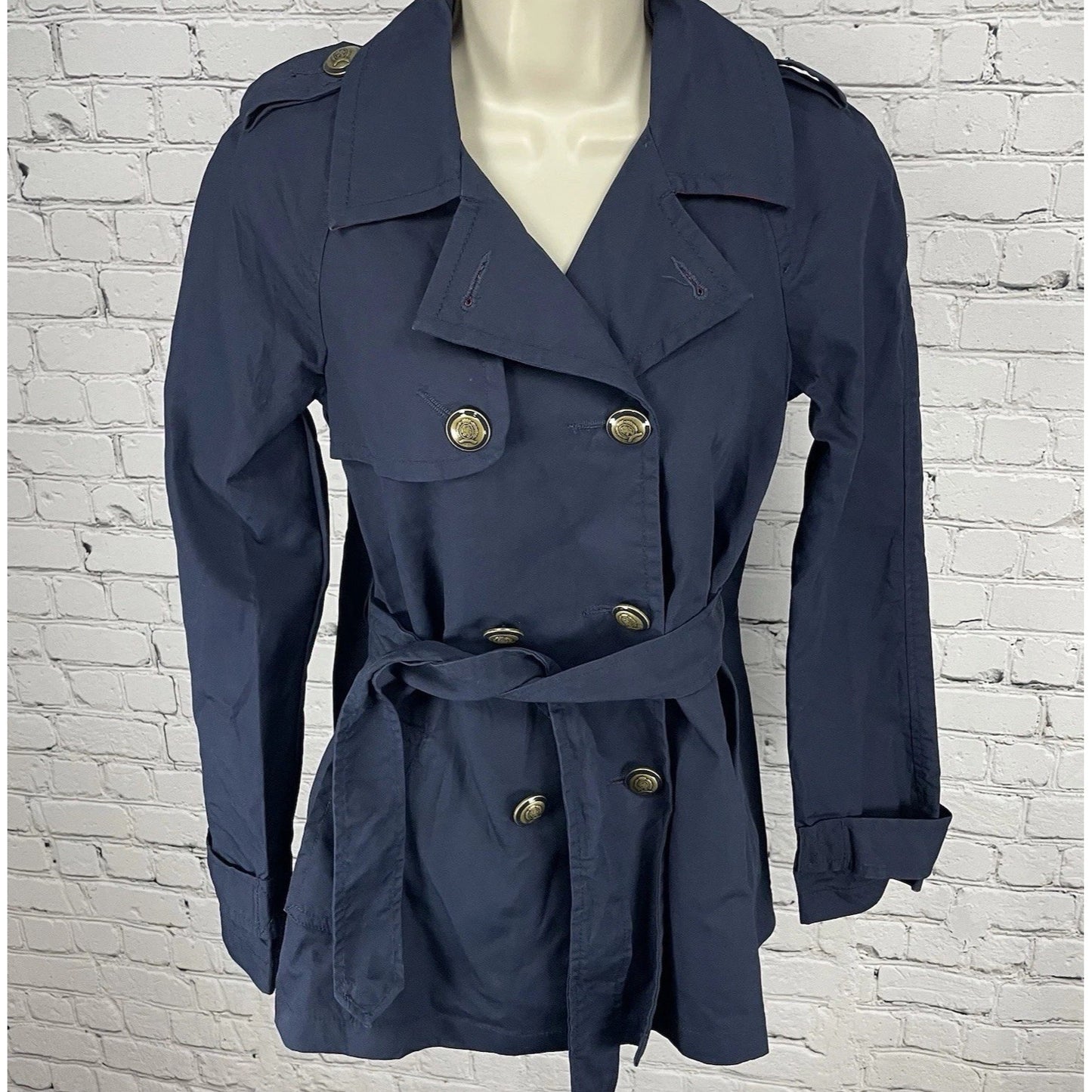 Tommy Hilfiger Navy Cotton Double Breasted Gold Button Jacket Pea Coat Size XS