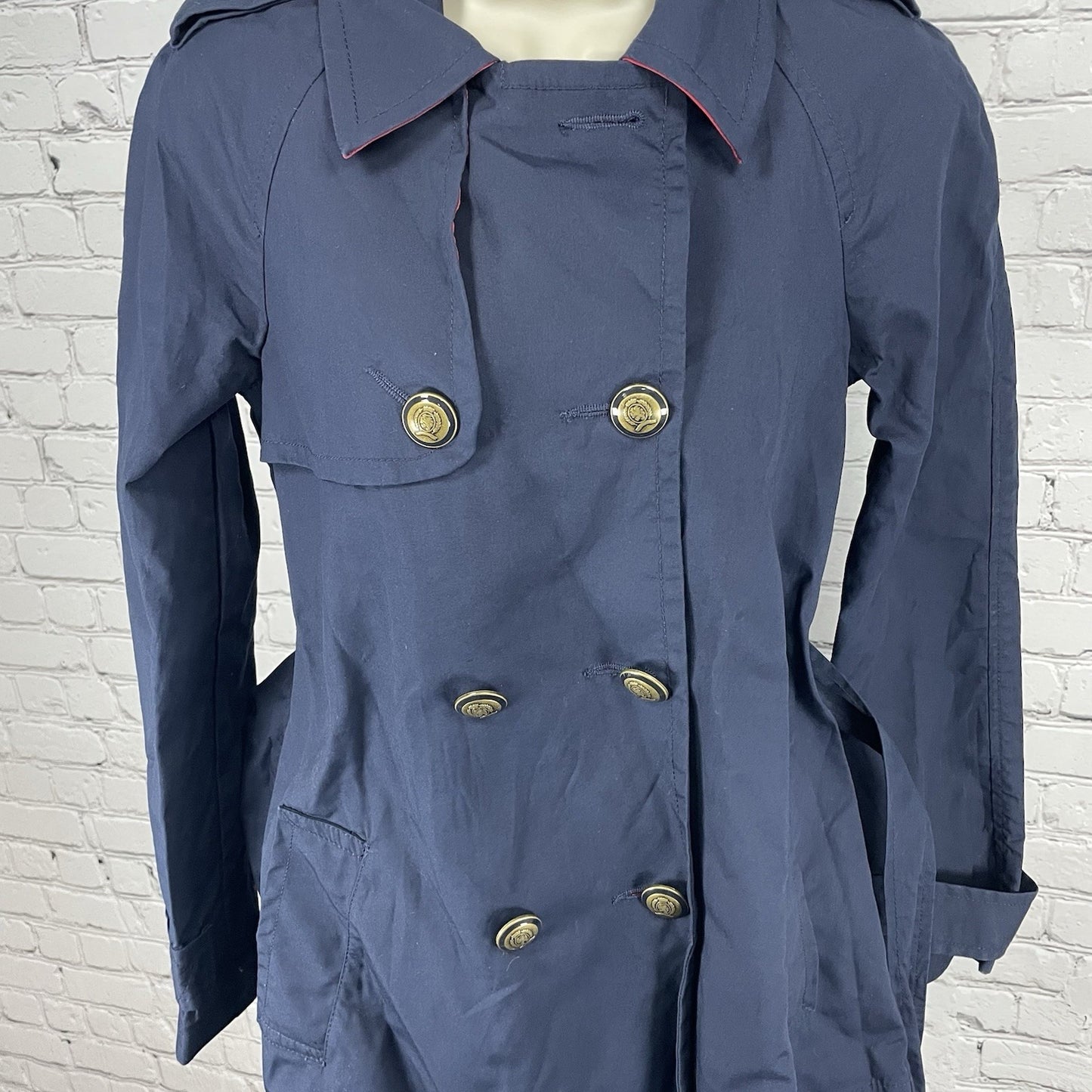 Tommy Hilfiger Navy Cotton Double Breasted Gold Button Jacket Pea Coat Size XS