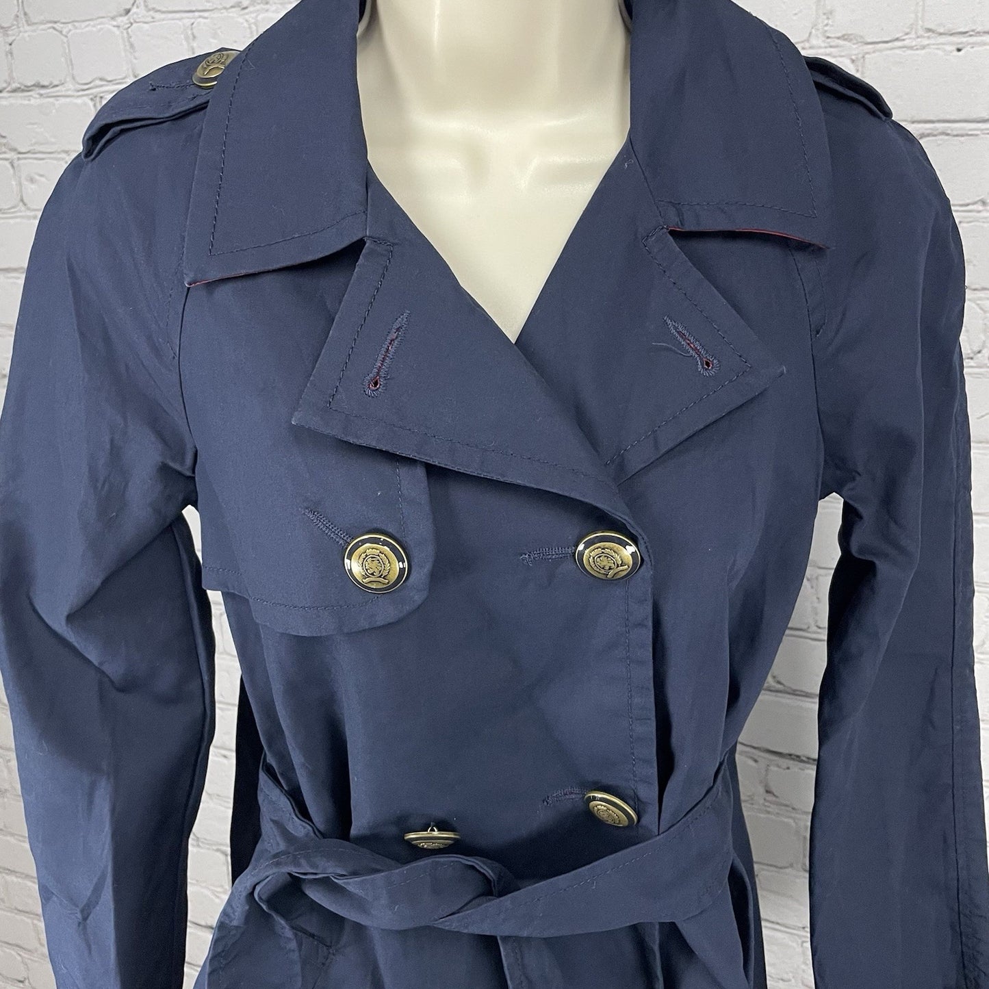 Tommy Hilfiger Navy Cotton Double Breasted Gold Button Jacket Pea Coat Size XS