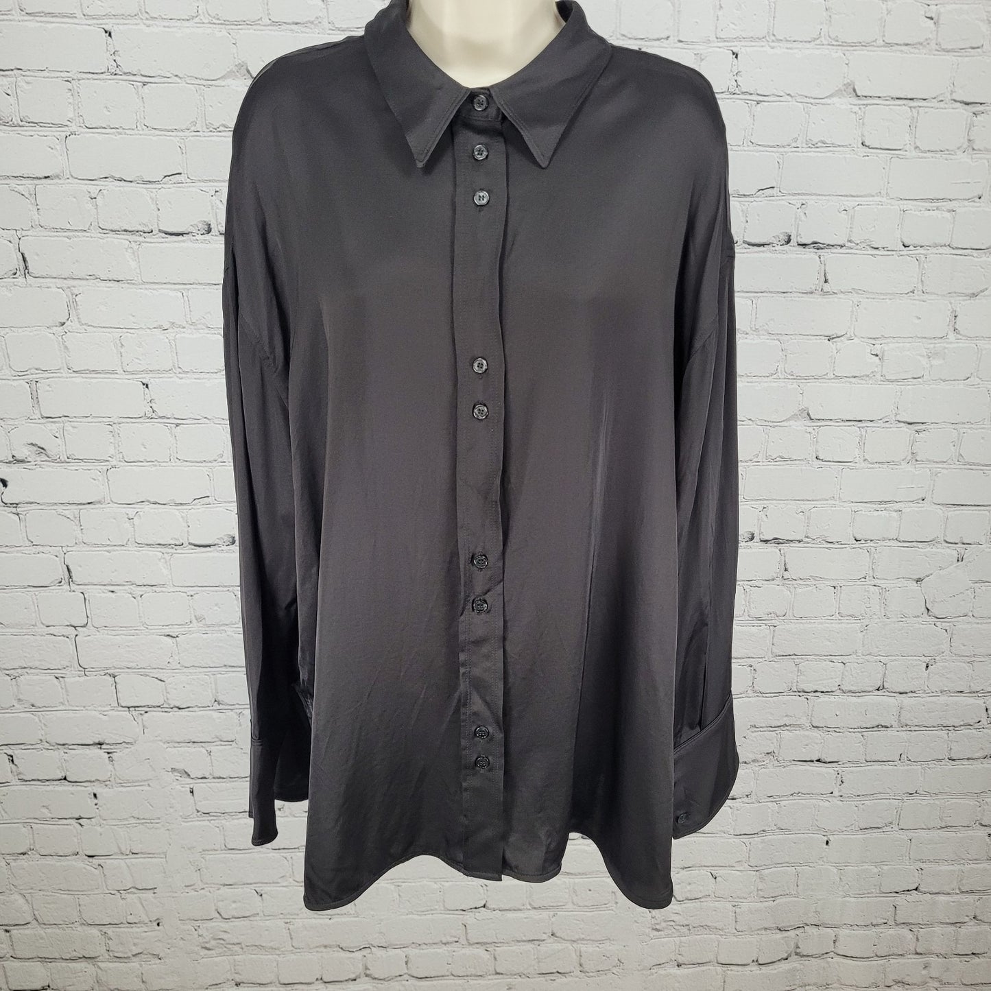 NWT Zara Black Silky Satin Button Up Long Sleeve Collared Dress Shirt Size XL