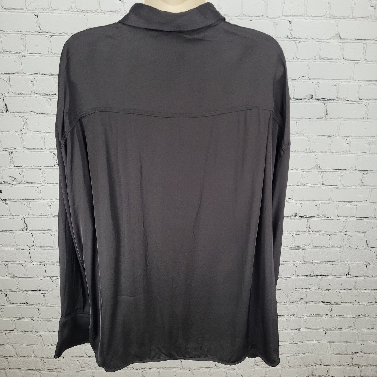 NWT Zara Black Silky Satin Button Up Long Sleeve Collared Dress Shirt Size XL