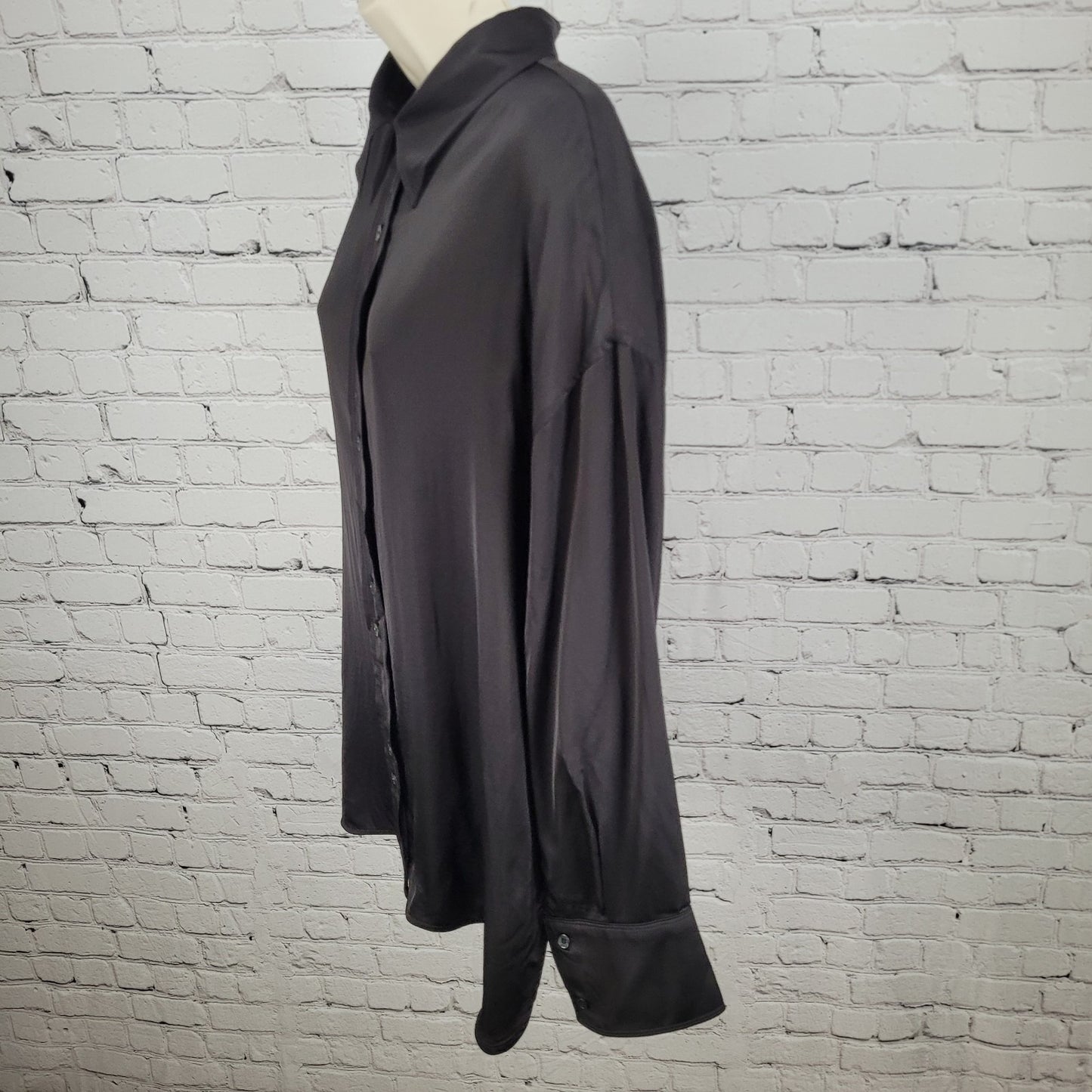 NWT Zara Black Silky Satin Button Up Long Sleeve Collared Dress Shirt Size XL