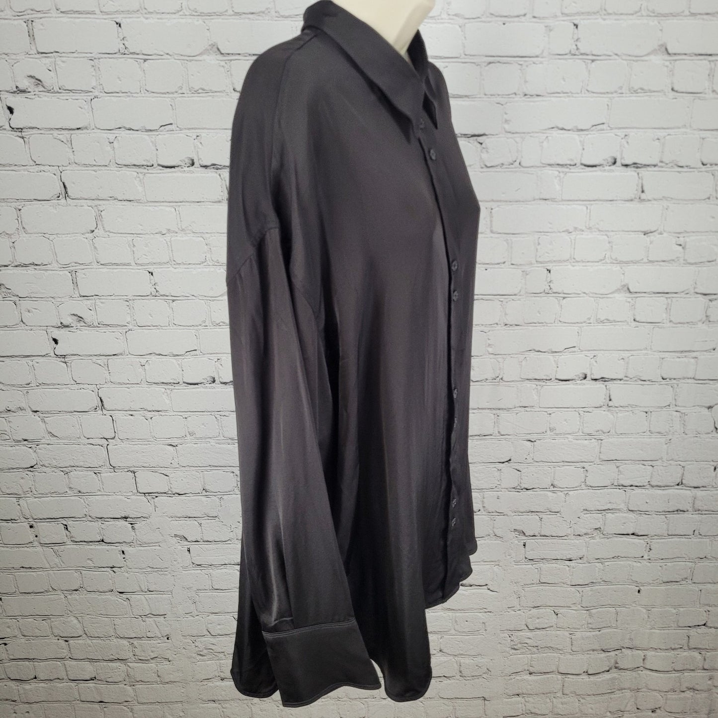 NWT Zara Black Silky Satin Button Up Long Sleeve Collared Dress Shirt Size XL