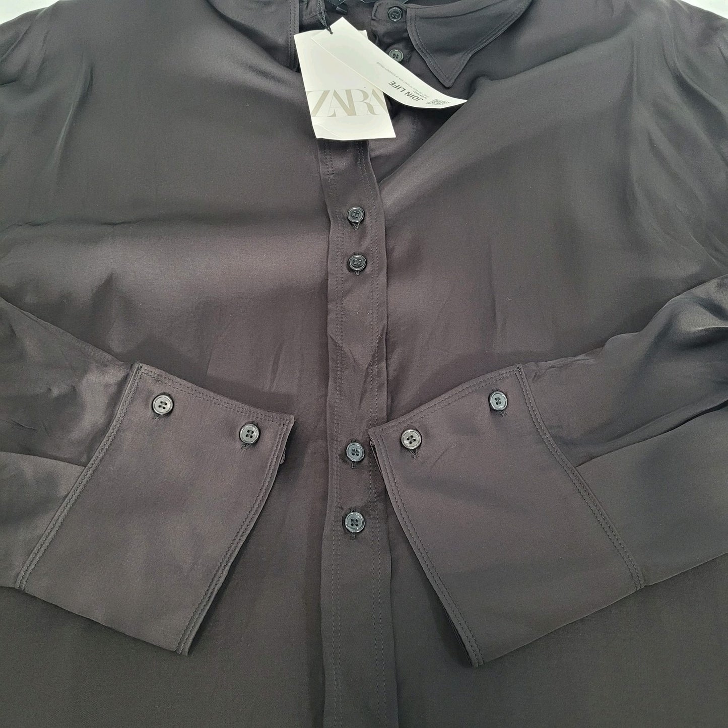 NWT Zara Black Silky Satin Button Up Long Sleeve Collared Dress Shirt Size XL