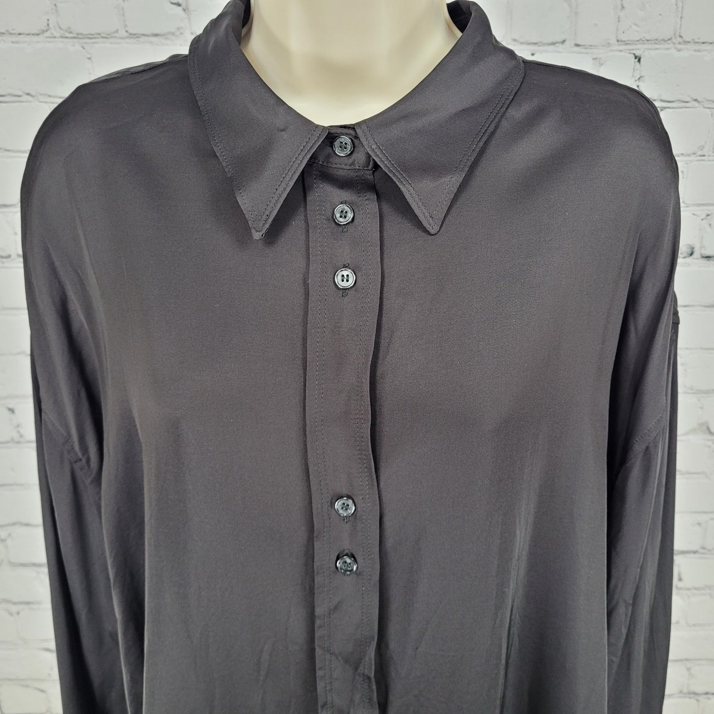 NWT Zara Black Silky Satin Button Up Long Sleeve Collared Dress Shirt Size XL