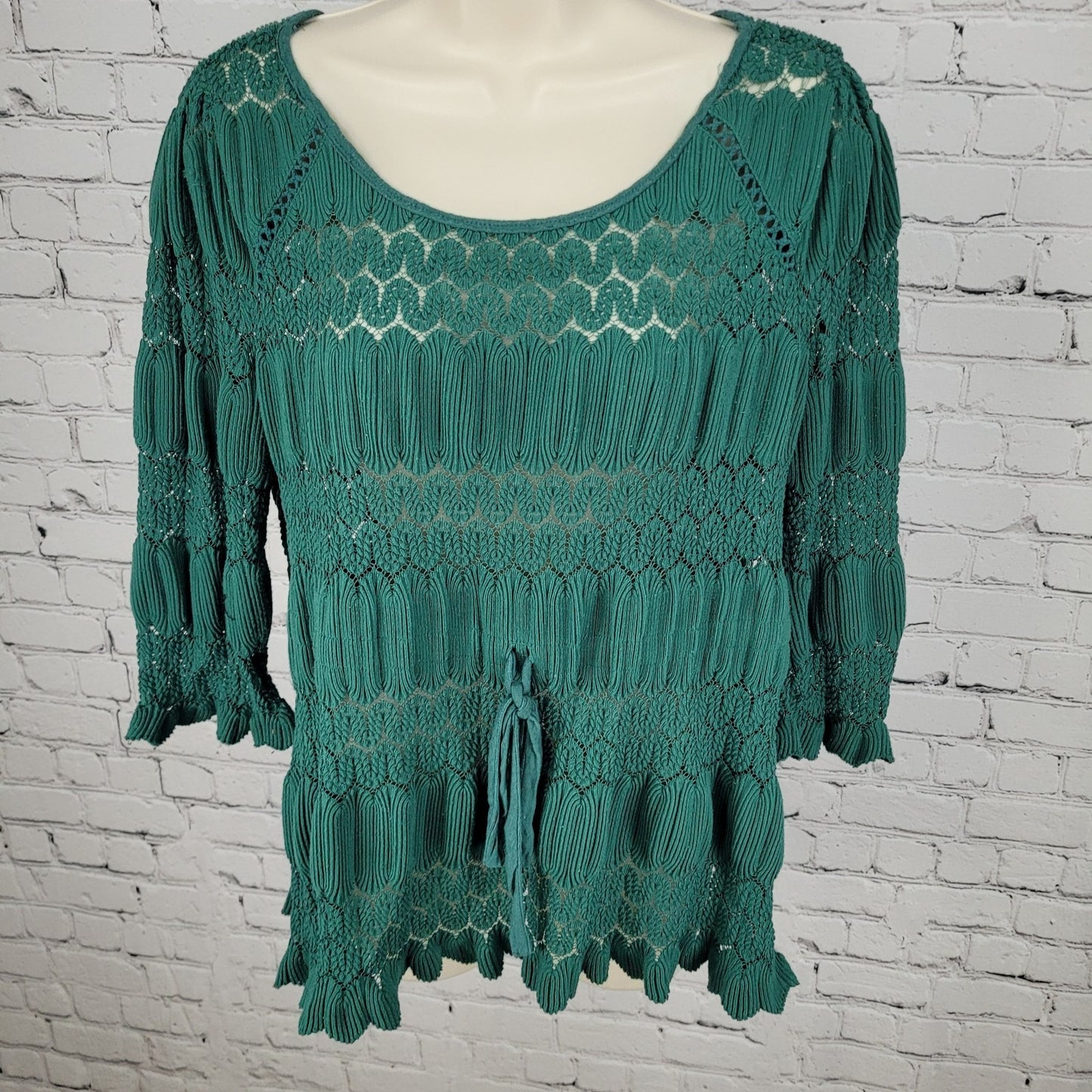 Free People Green Crochet 3/4 Sleeve Boho Peasant Blouse Top Size Medium M