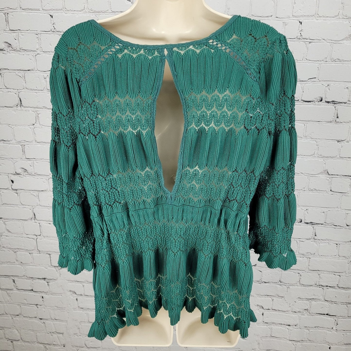 Free People Green Crochet 3/4 Sleeve Boho Peasant Blouse Top Size Medium M