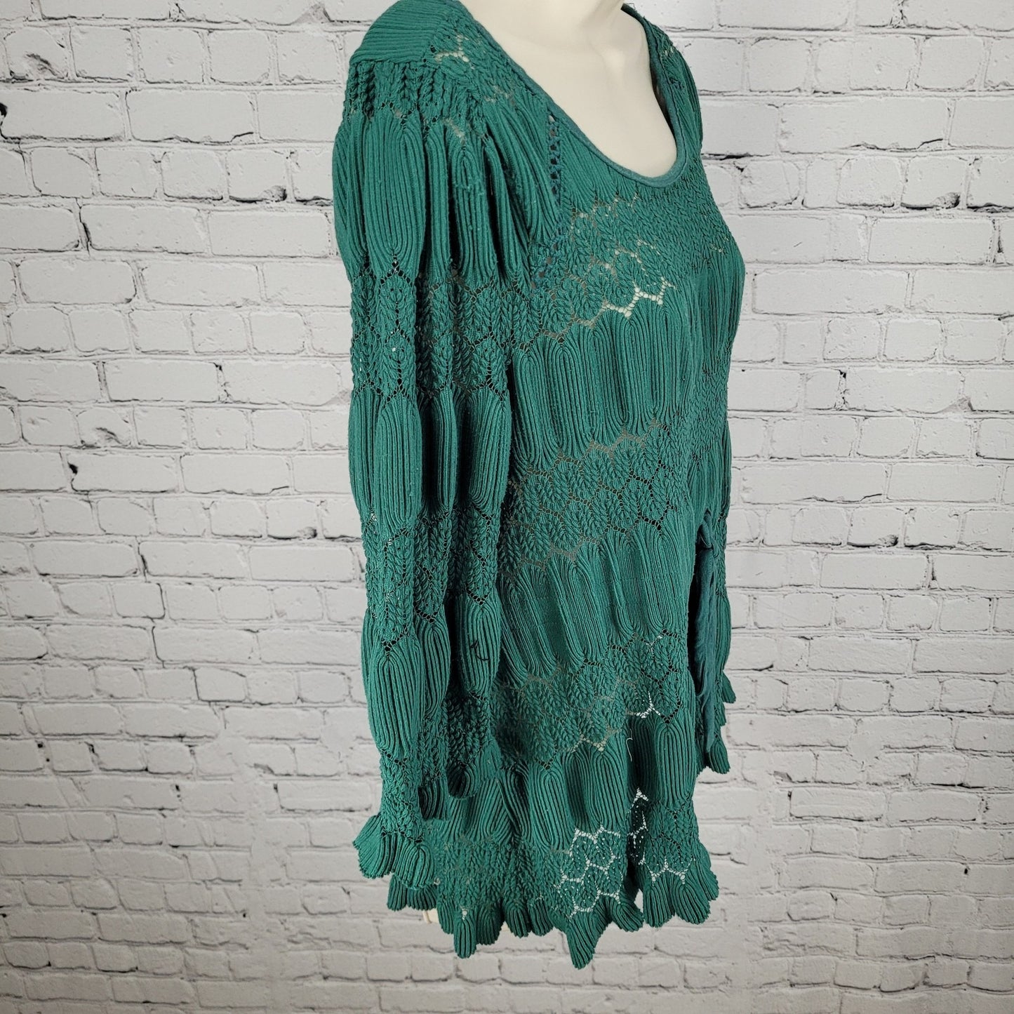 Free People Green Crochet 3/4 Sleeve Boho Peasant Blouse Top Size Medium M