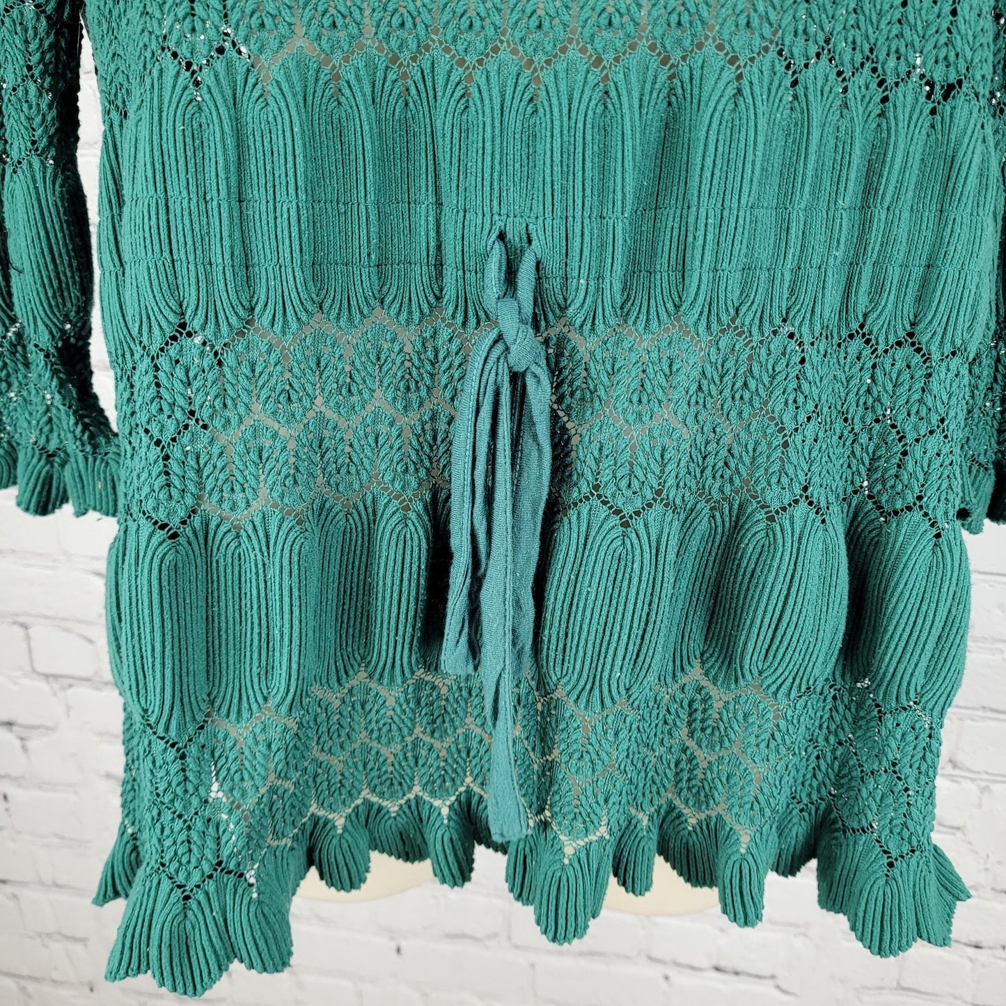 Free People Green Crochet 3/4 Sleeve Boho Peasant Blouse Top Size Medium M