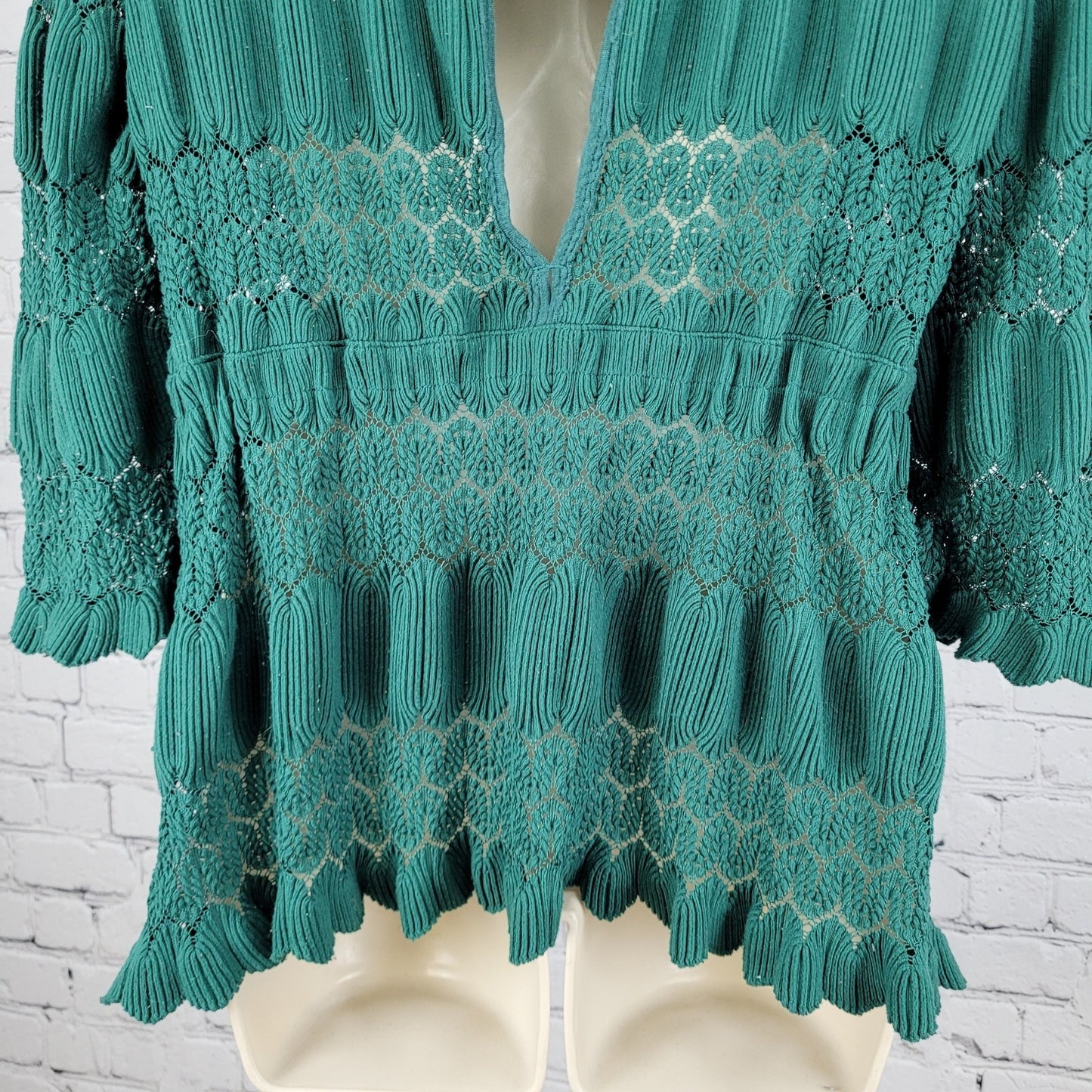 Free People Green Crochet 3/4 Sleeve Boho Peasant Blouse Top Size Medium M