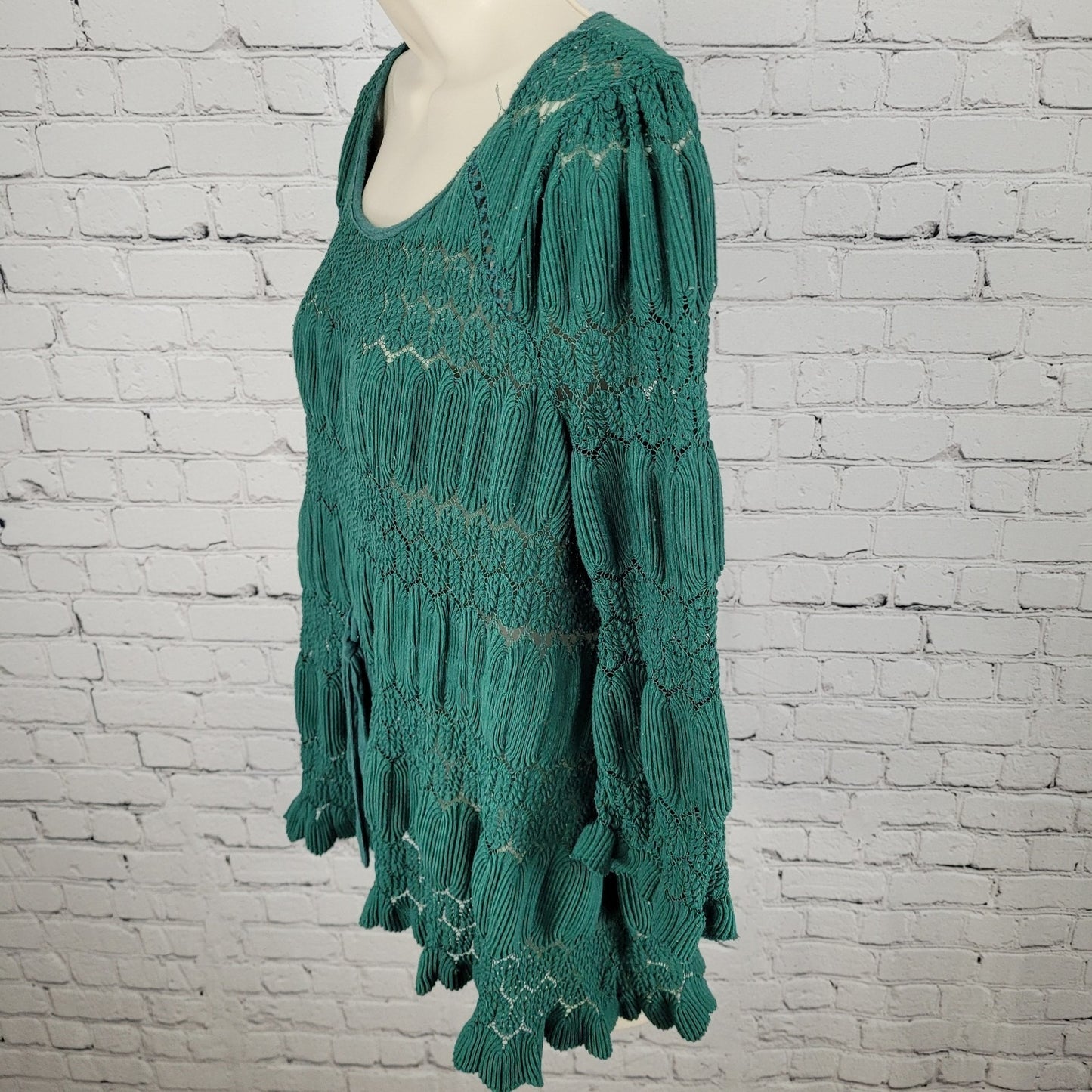 Free People Green Crochet 3/4 Sleeve Boho Peasant Blouse Top Size Medium M