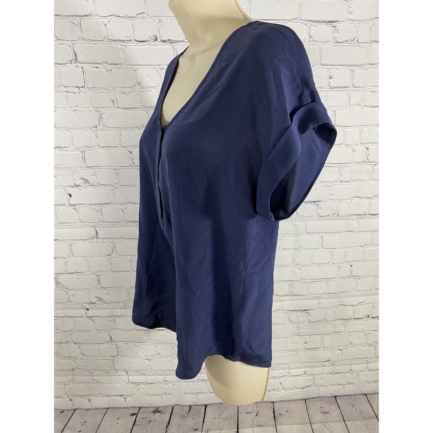 Joie Navy Blue Short Sleeve 100% Silk Fly Front Button Up Henley Blouse XS