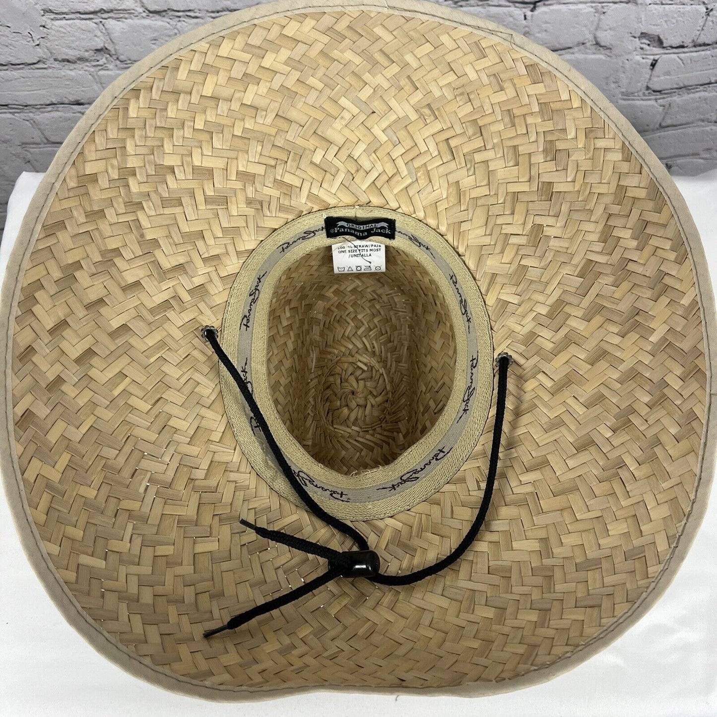 Original Panama Jack Tan Wide Brim 100% Straw Drawstring Sun Hat One Size O/S