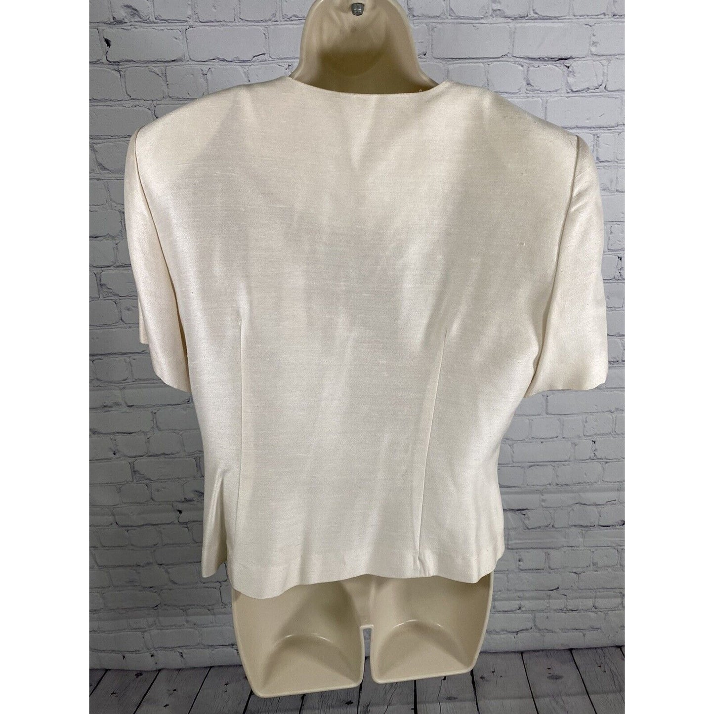 VTG Leslie Fay Petite Ivory Floral Lace Button Up Short Sleeve Blouse 14P