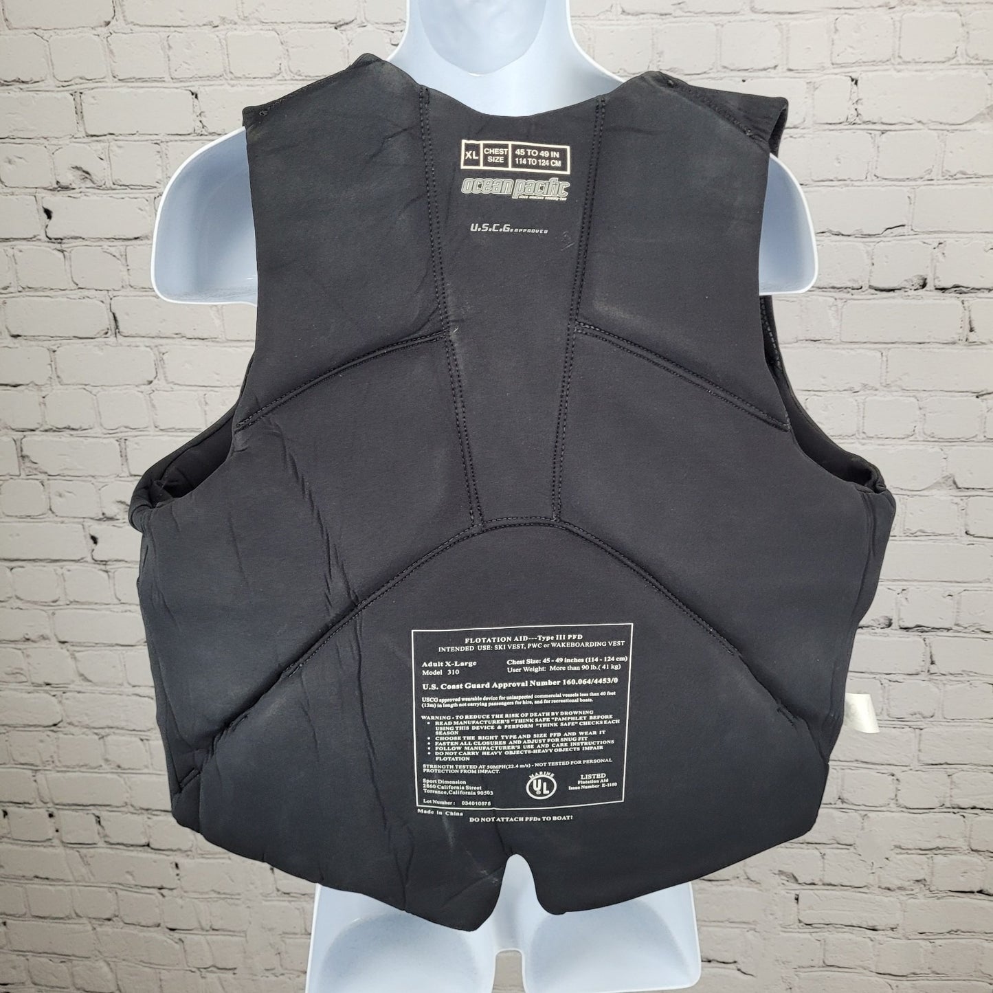 Ocean Pacific Black USCG Approved Flotation Aid Life Jacket Ski Vest Size XL