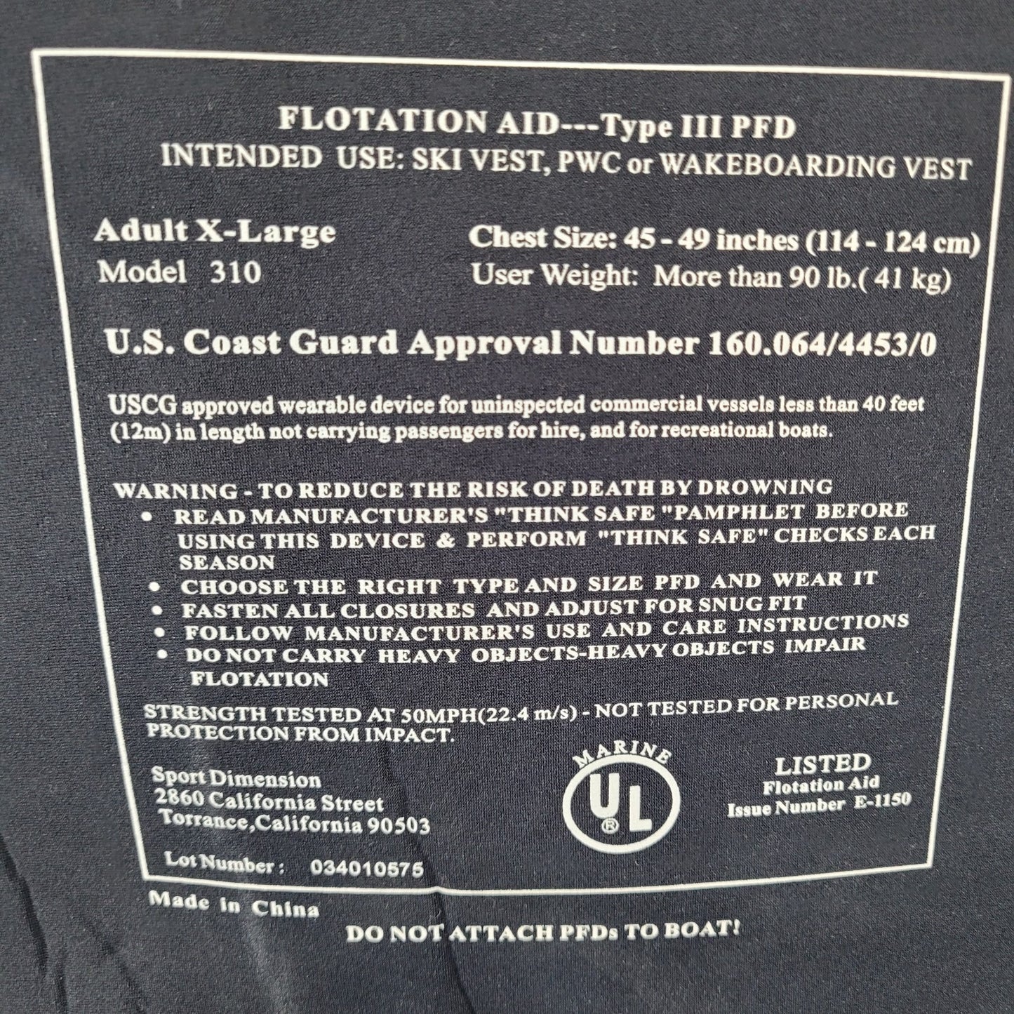 Ocean Pacific Black USCG Approved Flotation Aid Life Jacket Ski Vest Size XL
