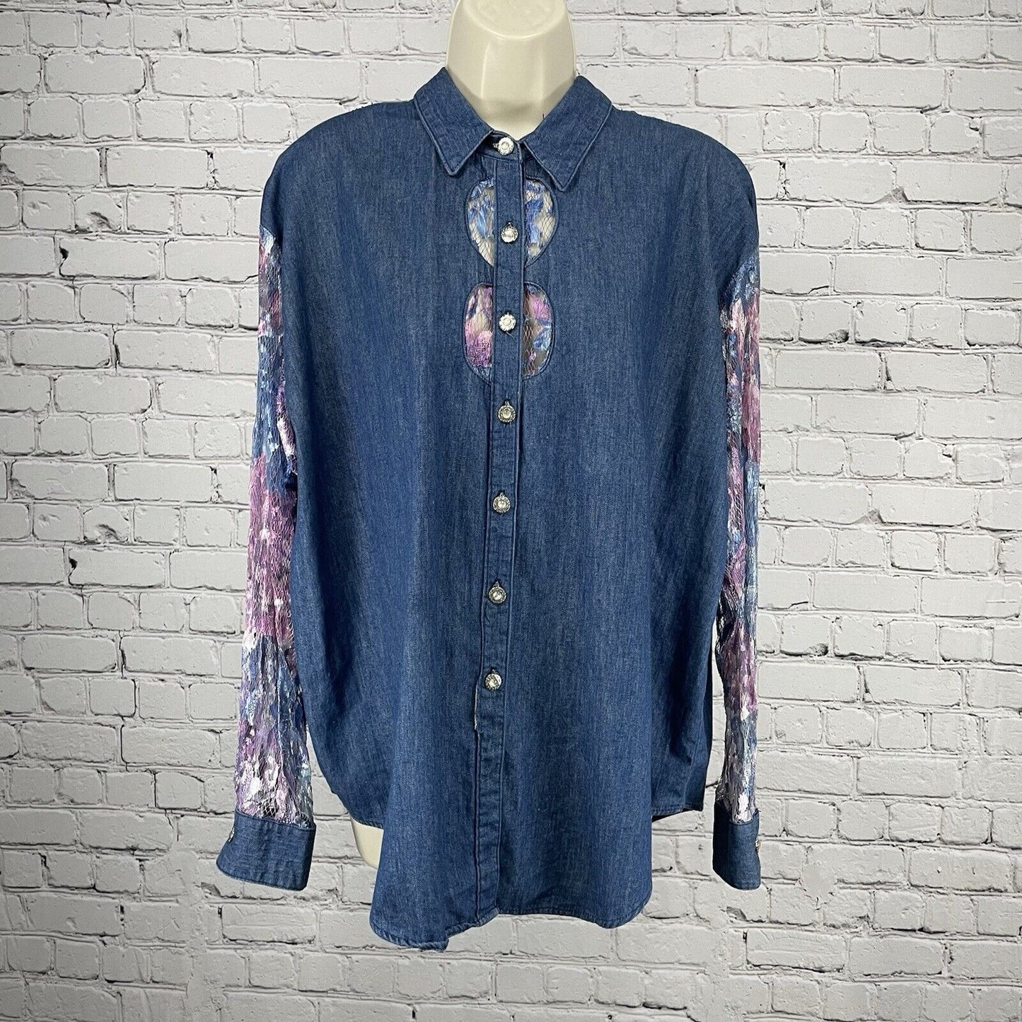 VTG Panhandle Slim Denim Lace Cut Out Button Up USA Long Sleeve Shirt Size XL