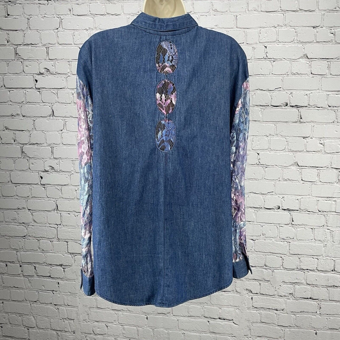 VTG Panhandle Slim Denim Lace Cut Out Button Up USA Long Sleeve Shirt Size XL