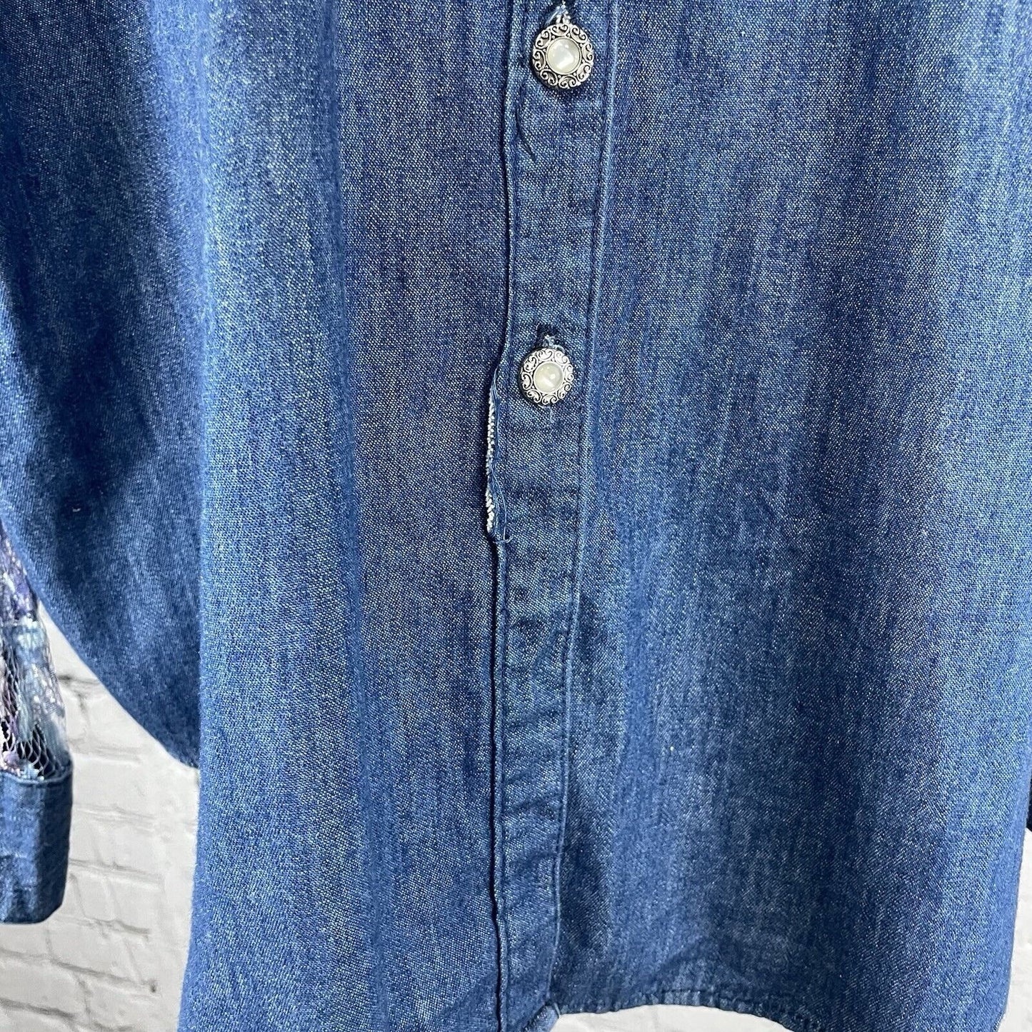 VTG Panhandle Slim Denim Lace Cut Out Button Up USA Long Sleeve Shirt Size XL