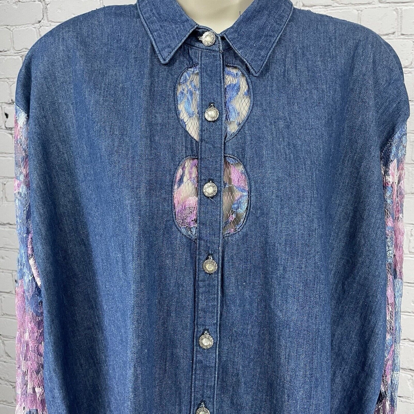 VTG Panhandle Slim Denim Lace Cut Out Button Up USA Long Sleeve Shirt Size XL