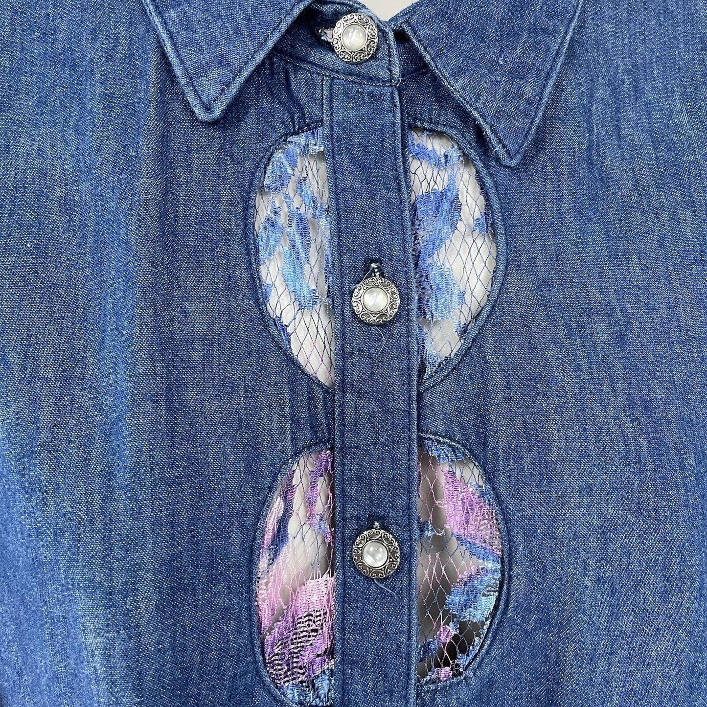 VTG Panhandle Slim Denim Lace Cut Out Button Up USA Long Sleeve Shirt Size XL