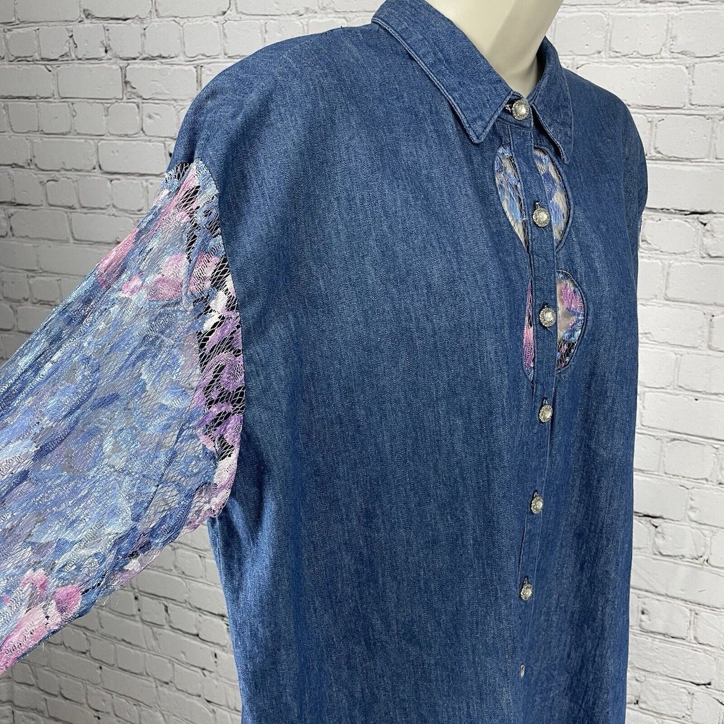VTG Panhandle Slim Denim Lace Cut Out Button Up USA Long Sleeve Shirt Size XL