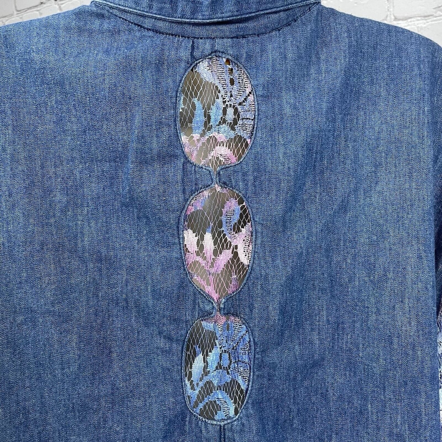 VTG Panhandle Slim Denim Lace Cut Out Button Up USA Long Sleeve Shirt Size XL