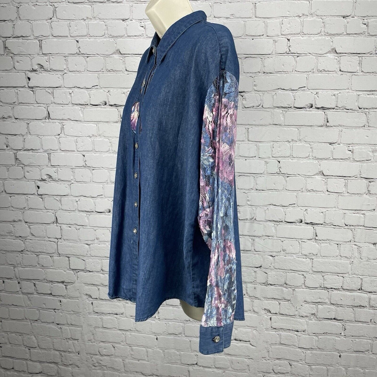 VTG Panhandle Slim Denim Lace Cut Out Button Up USA Long Sleeve Shirt Size XL