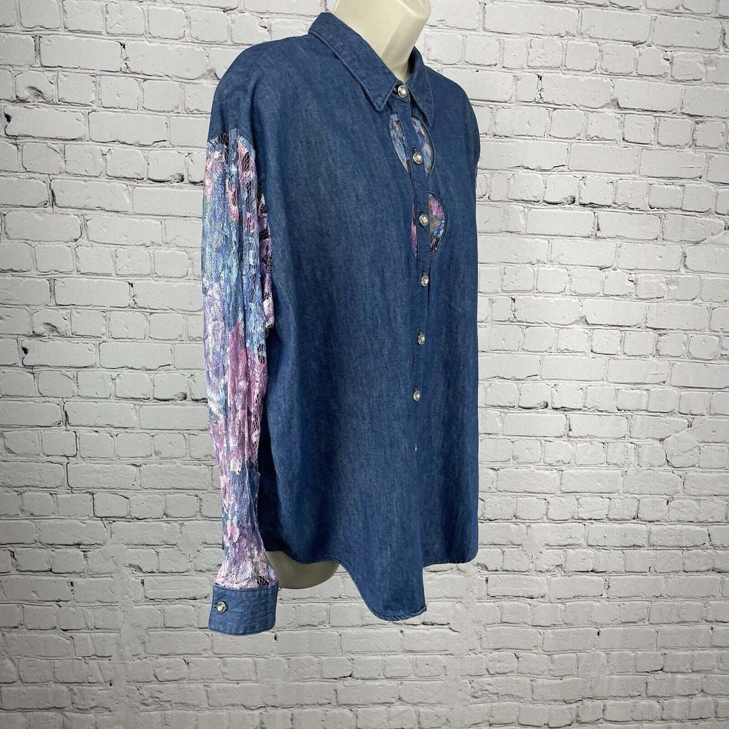 VTG Panhandle Slim Denim Lace Cut Out Button Up USA Long Sleeve Shirt Size XL