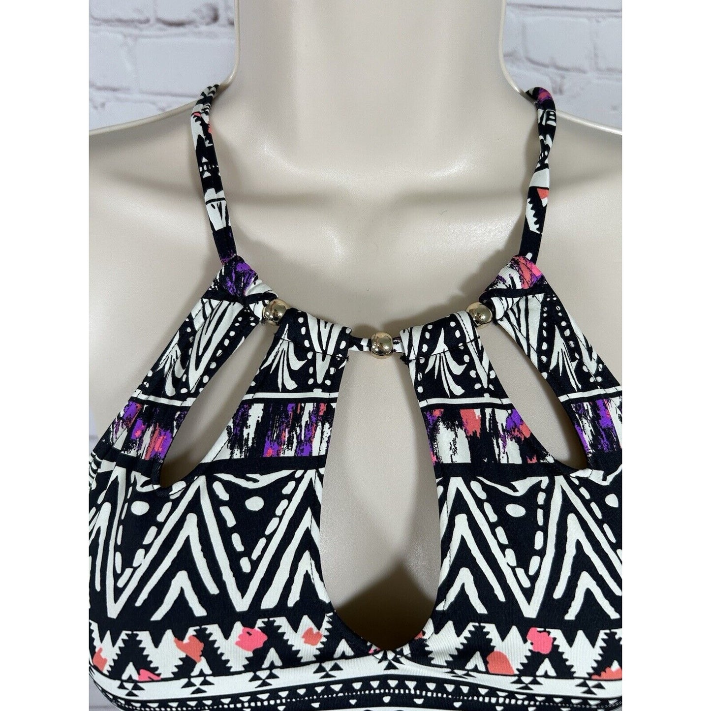Lascana High Neck Geometric Cut Out Beaded Cross Back Bikini Top Women’s 4