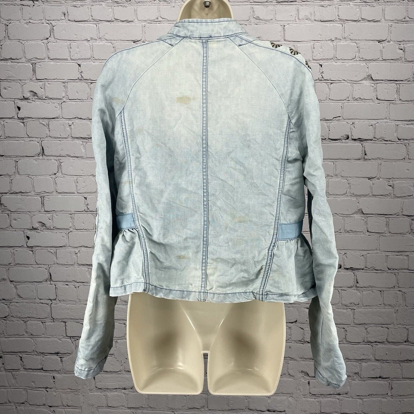 Free People Blue Linen Cotton Embroidered Stud Sleeve Light Jacket XS *stained
