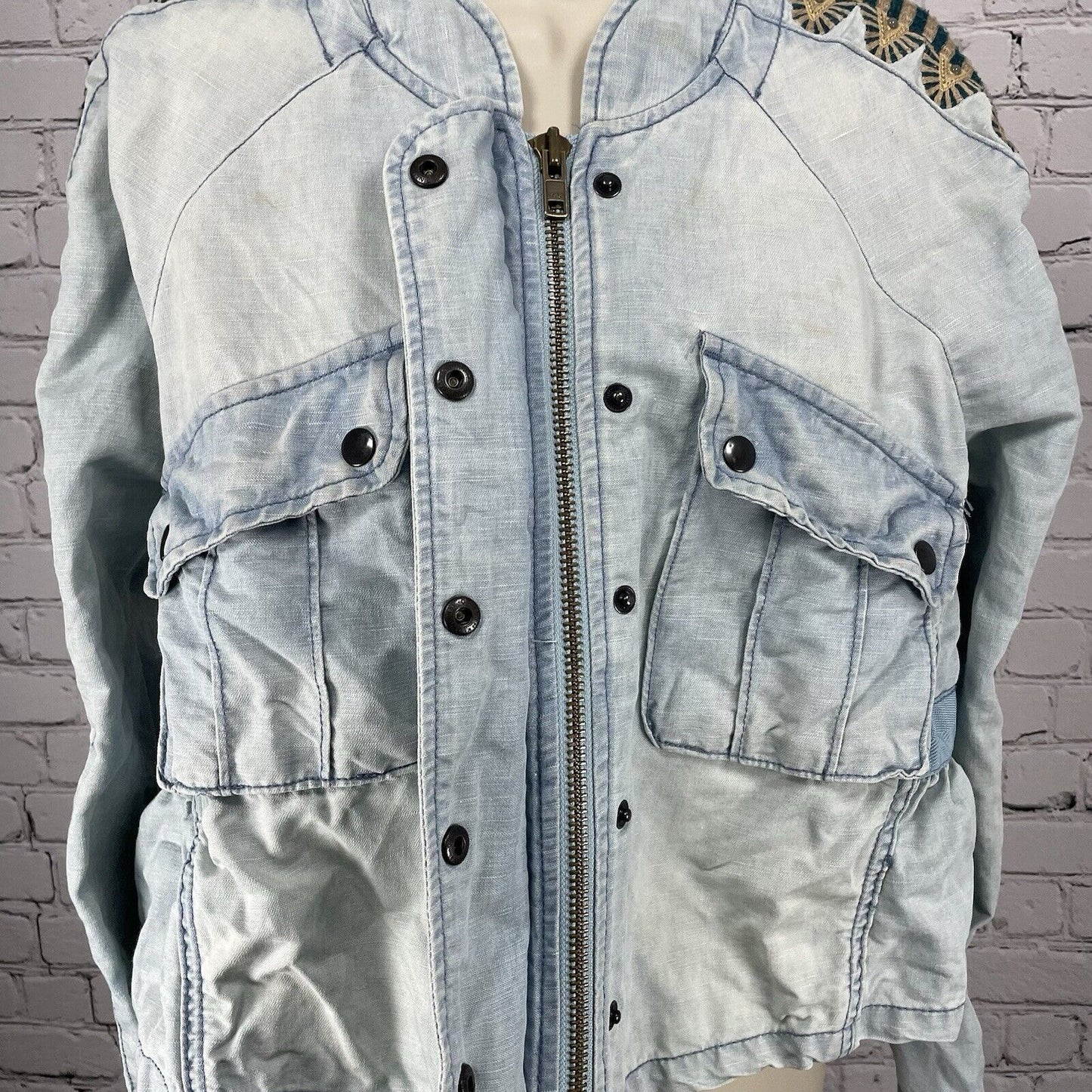 Free People Blue Linen Cotton Embroidered Stud Sleeve Light Jacket XS *stained