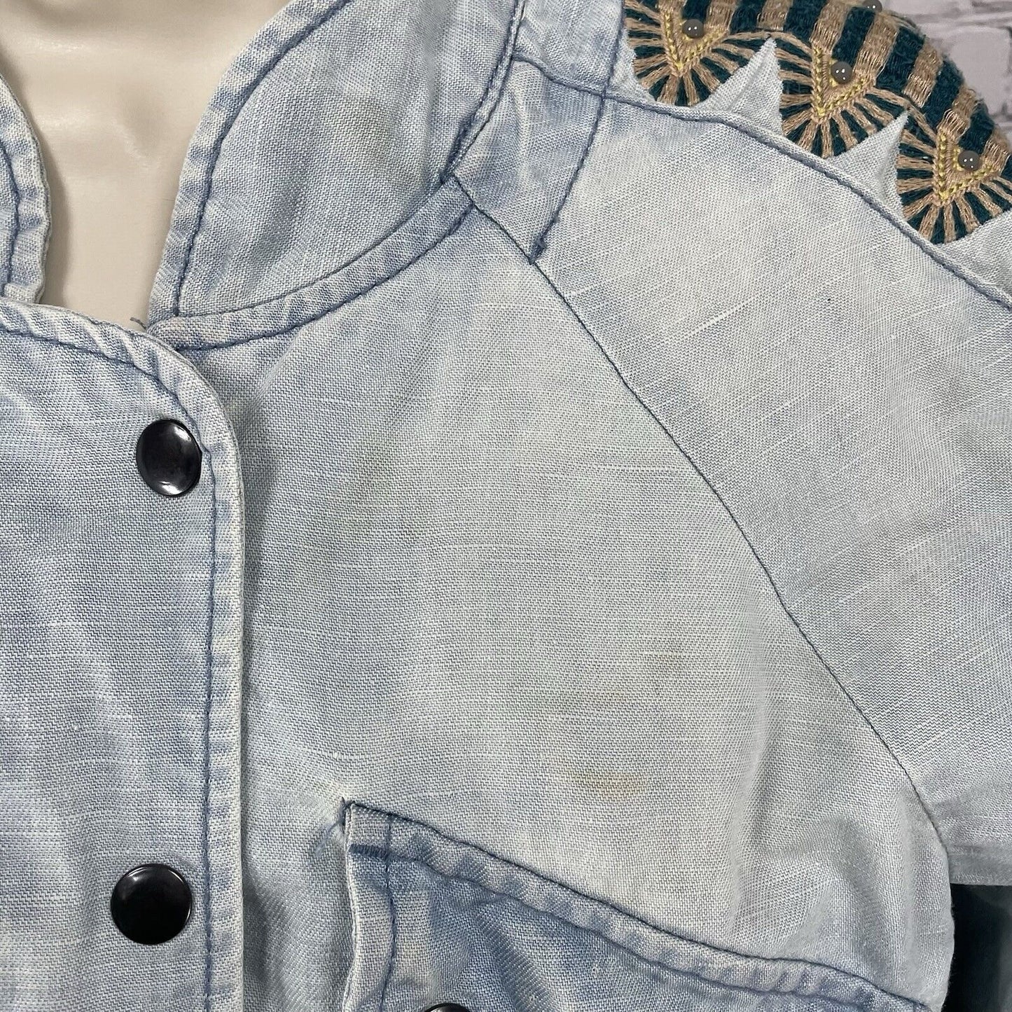 Free People Blue Linen Cotton Embroidered Stud Sleeve Light Jacket XS *stained