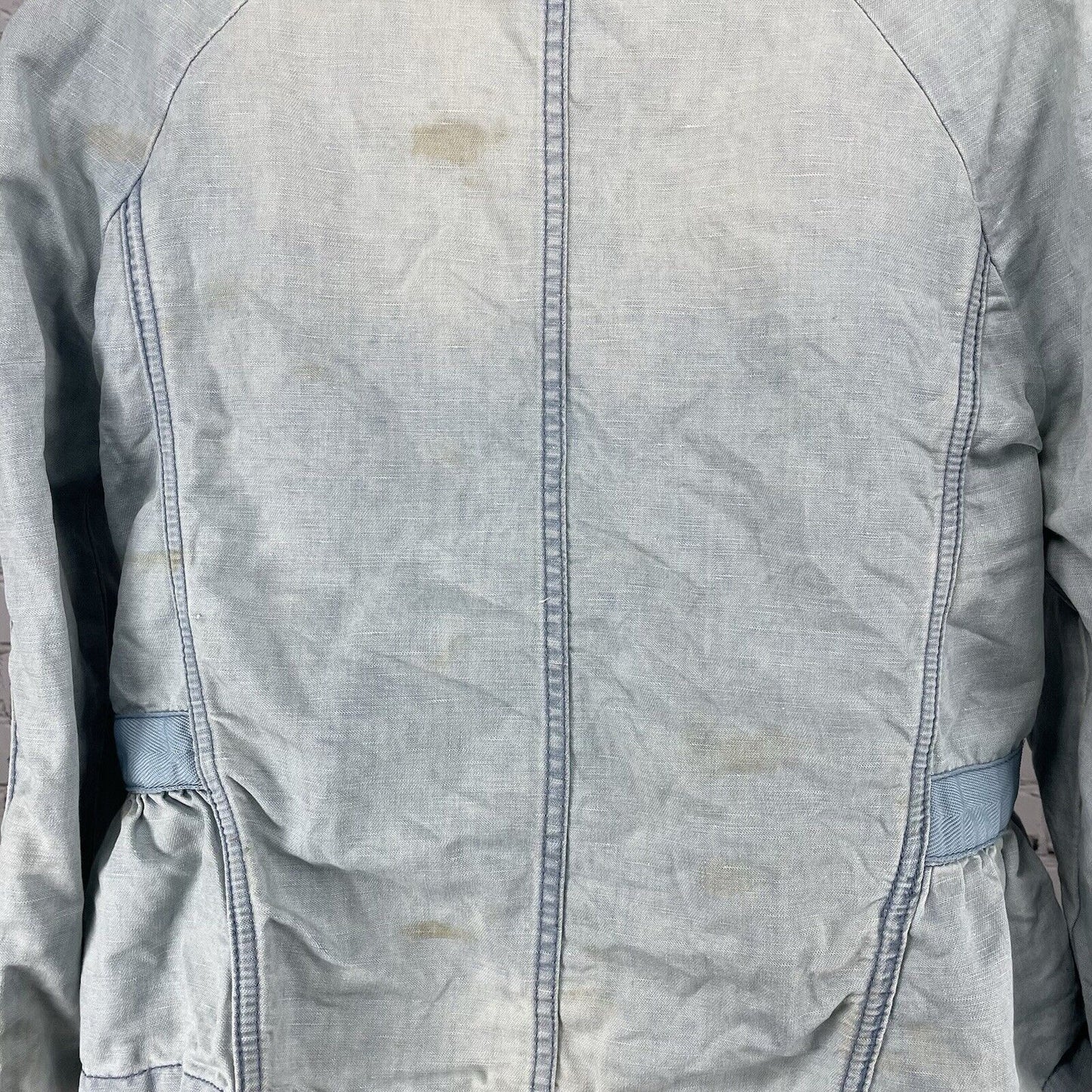 Free People Blue Linen Cotton Embroidered Stud Sleeve Light Jacket XS *stained