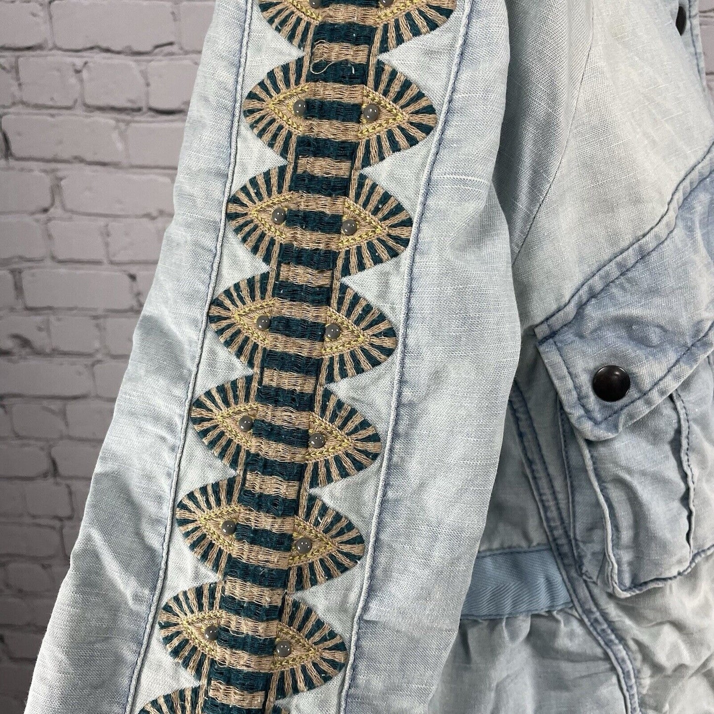 Free People Blue Linen Cotton Embroidered Stud Sleeve Light Jacket XS *stained