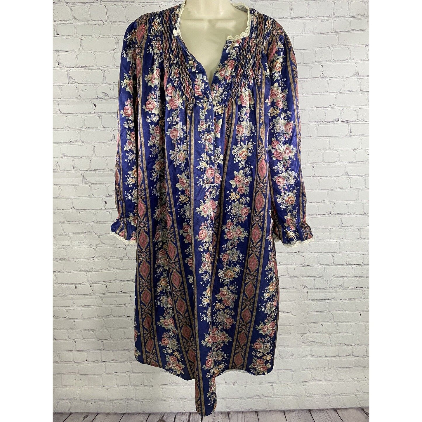 Vintage Romantic Moods Floral Long Ruffle Sleeve Lace Accent Sleep Dress S Small