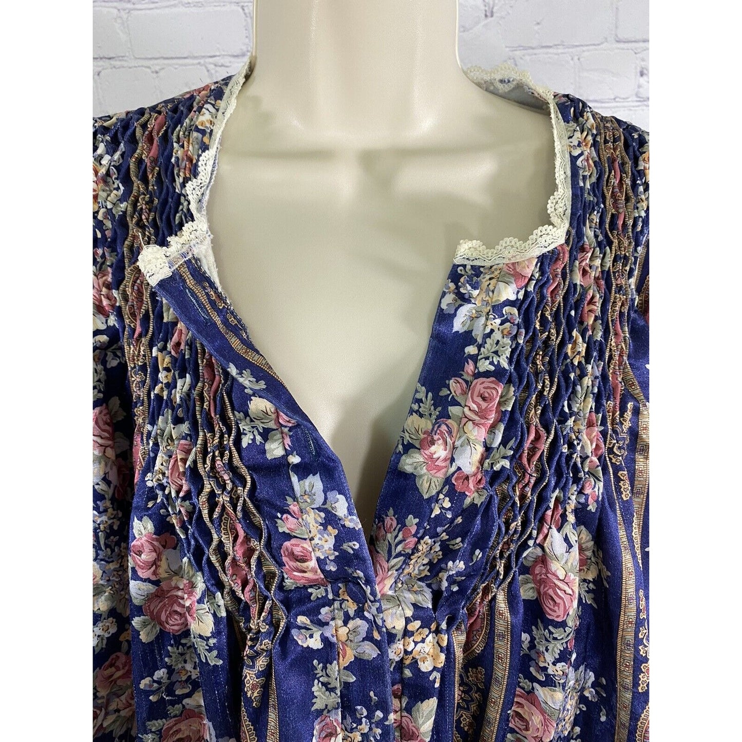 Vintage Romantic Moods Floral Long Ruffle Sleeve Lace Accent Sleep Dress S Small
