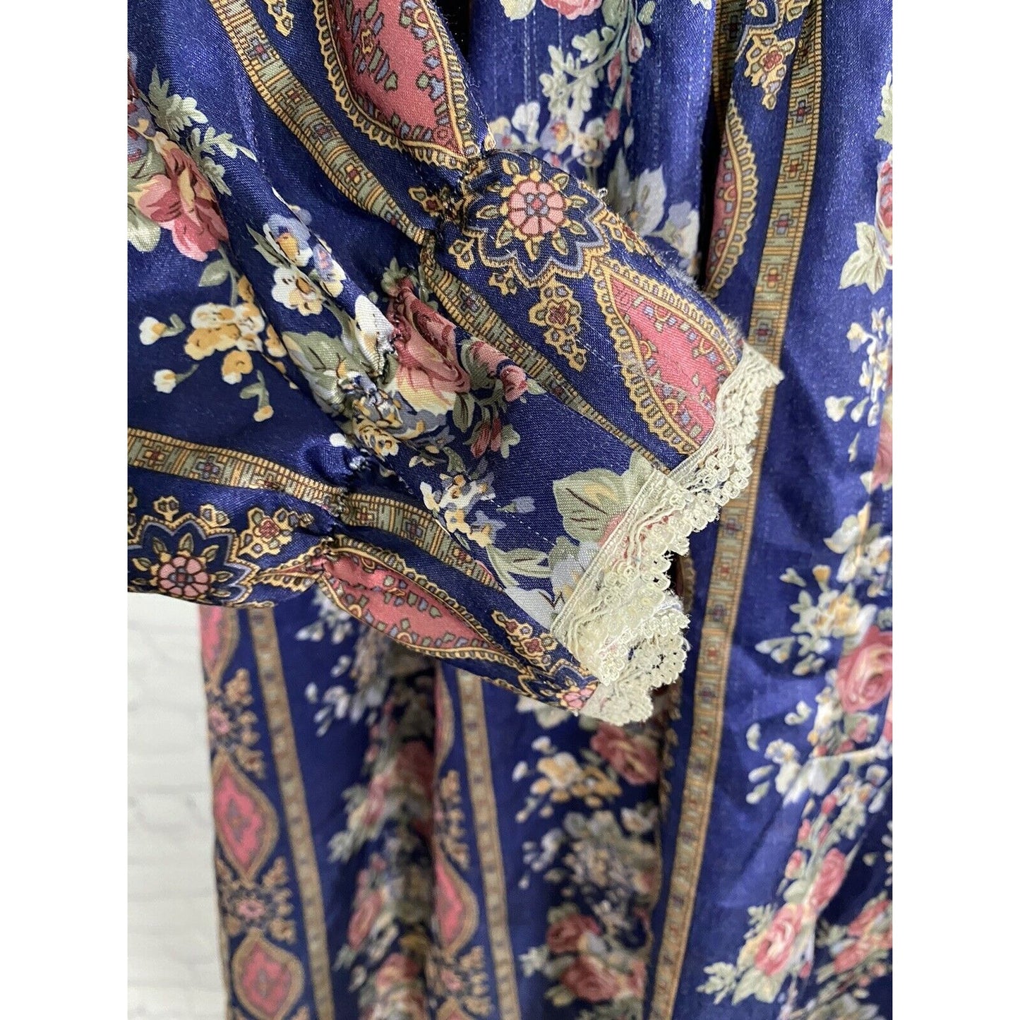 Vintage Romantic Moods Floral Long Ruffle Sleeve Lace Accent Sleep Dress S Small
