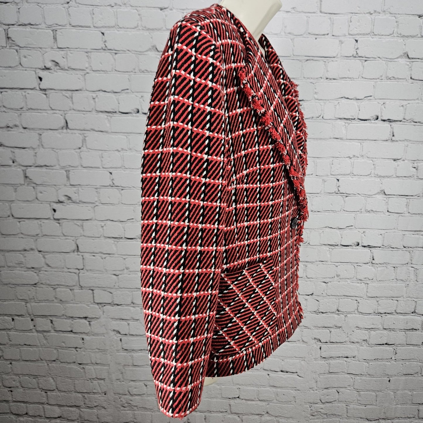 Talbots Red Black White Striped Tweed Fringe Trim 1 Button Lined Jacket 12