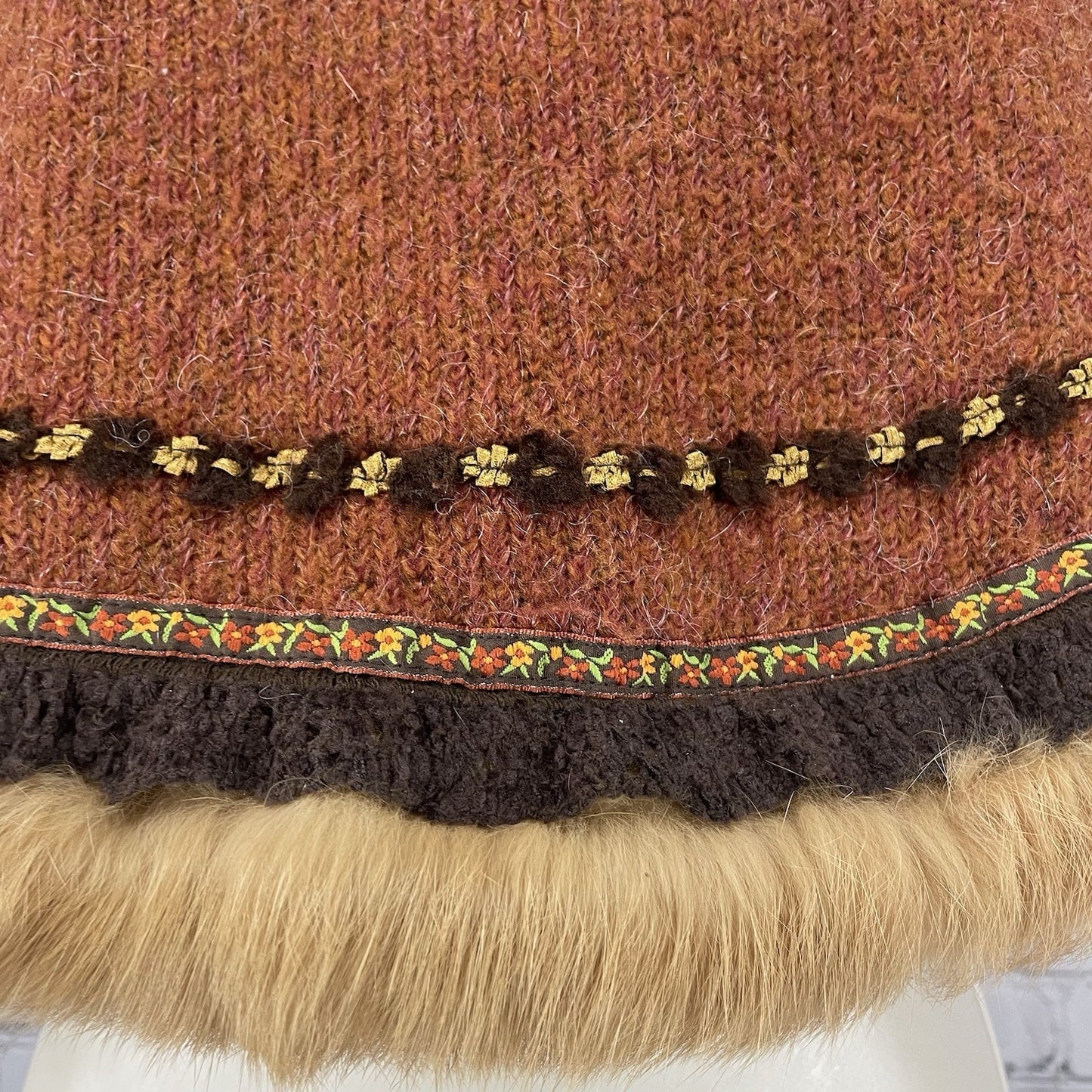 VTG F.L. Malik Brown Mohair Fur Horn Toggle Shawl Cape USA Made Size Small S