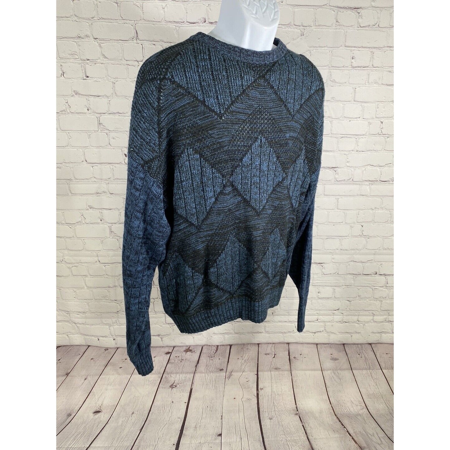 VTG EE Sport Blue Black Merino Wool Blend Diamond Print Cable Knit Sweater XL