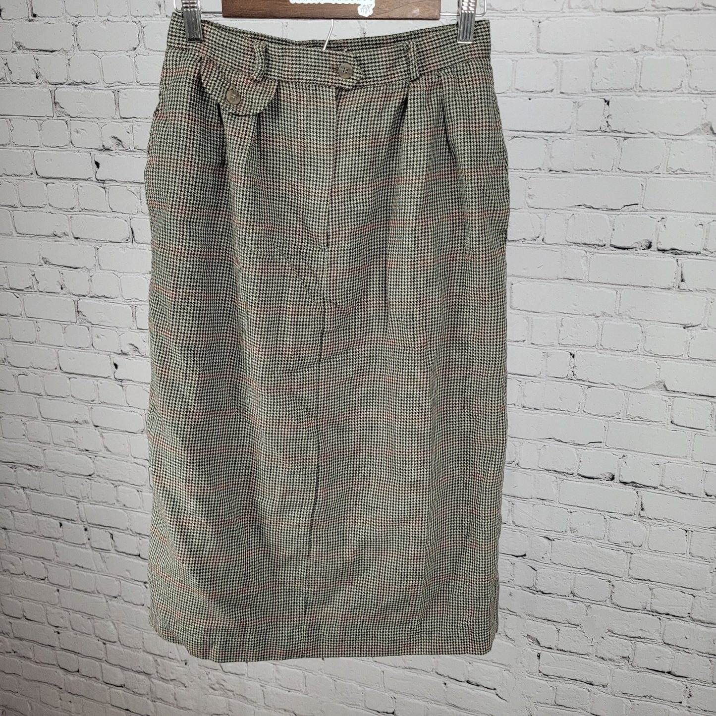 VTG Talbots Green 100% Wool Houndstooth Lined Skirt USA Made Size 10 (26x29)